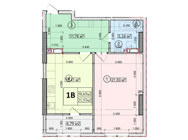 ЖК Podol Plaza & Residence: планировка 1-комнатной квартиры 58.65 м²