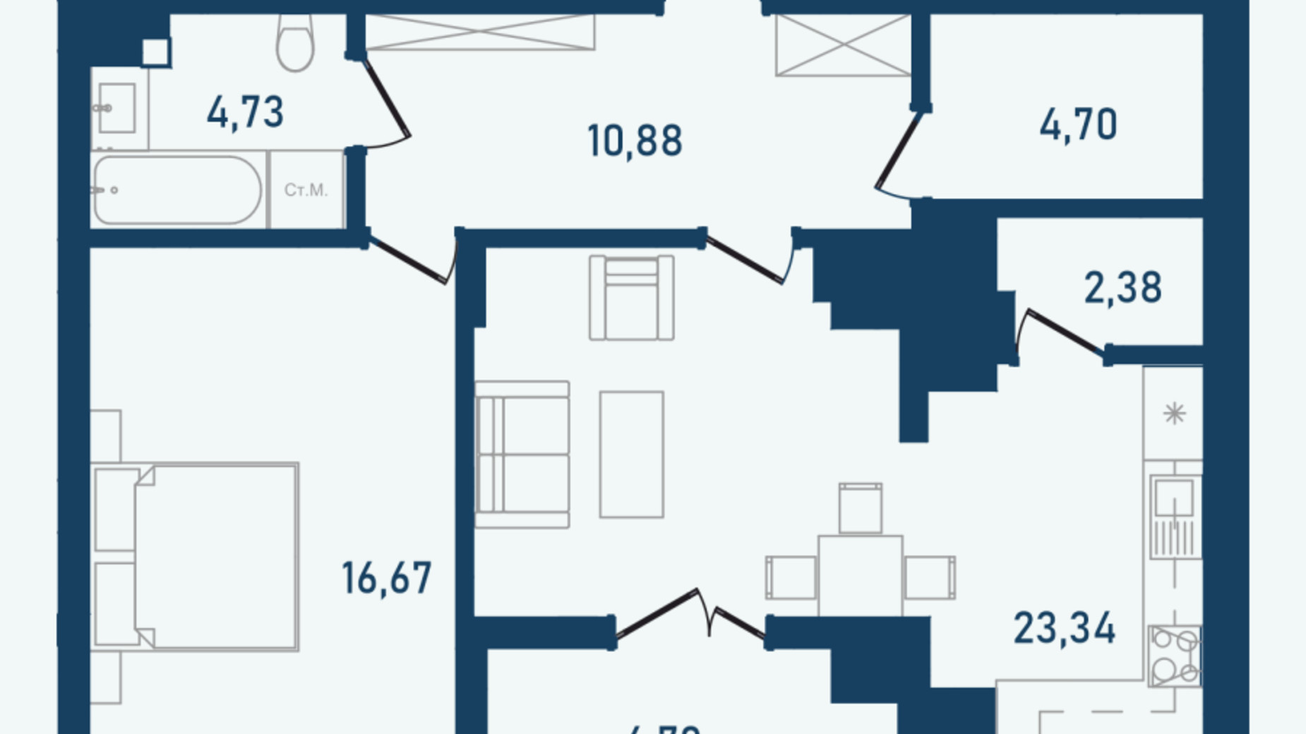 Планировка 2-комнатной квартиры в ЖК Престижный 2 67.49 м², фото 630347