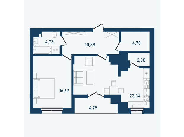 ЖК Престижний 2: планування 2-кімнатної квартири 67.49 м²