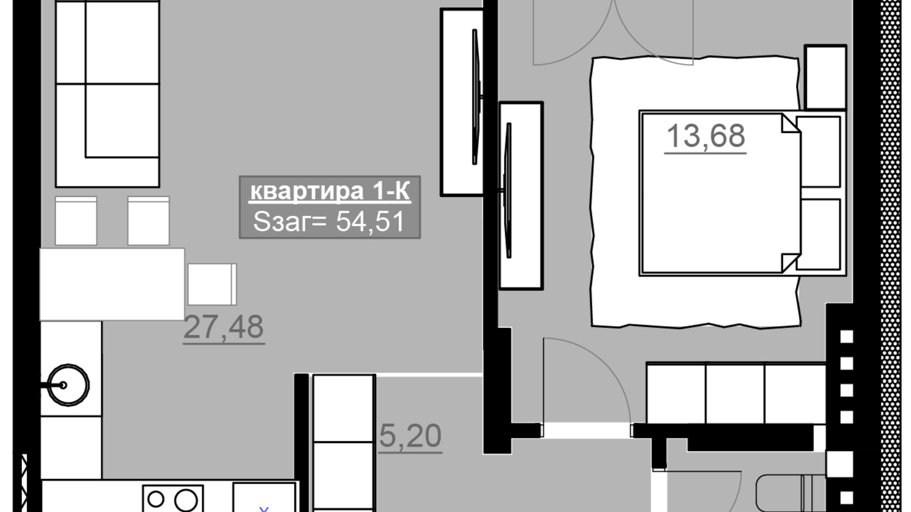 Планировка 1-комнатной квартиры в ЖК Привокзальный 54.51 м², фото 630445