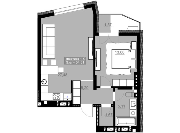 ЖК Привокзальный: планировка 1-комнатной квартиры 54.51 м²