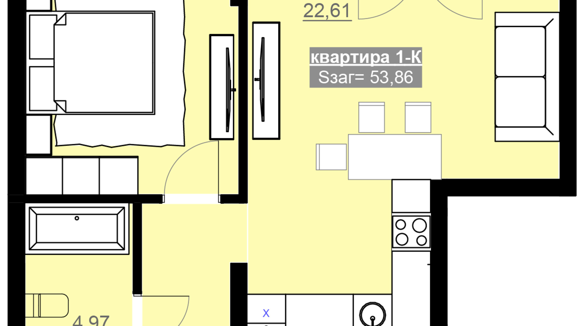 Планировка 1-комнатной квартиры в ЖК Привокзальный 54.05 м², фото 630446