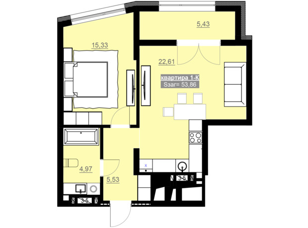 ЖК Привокзальный: планировка 1-комнатной квартиры 54.05 м²