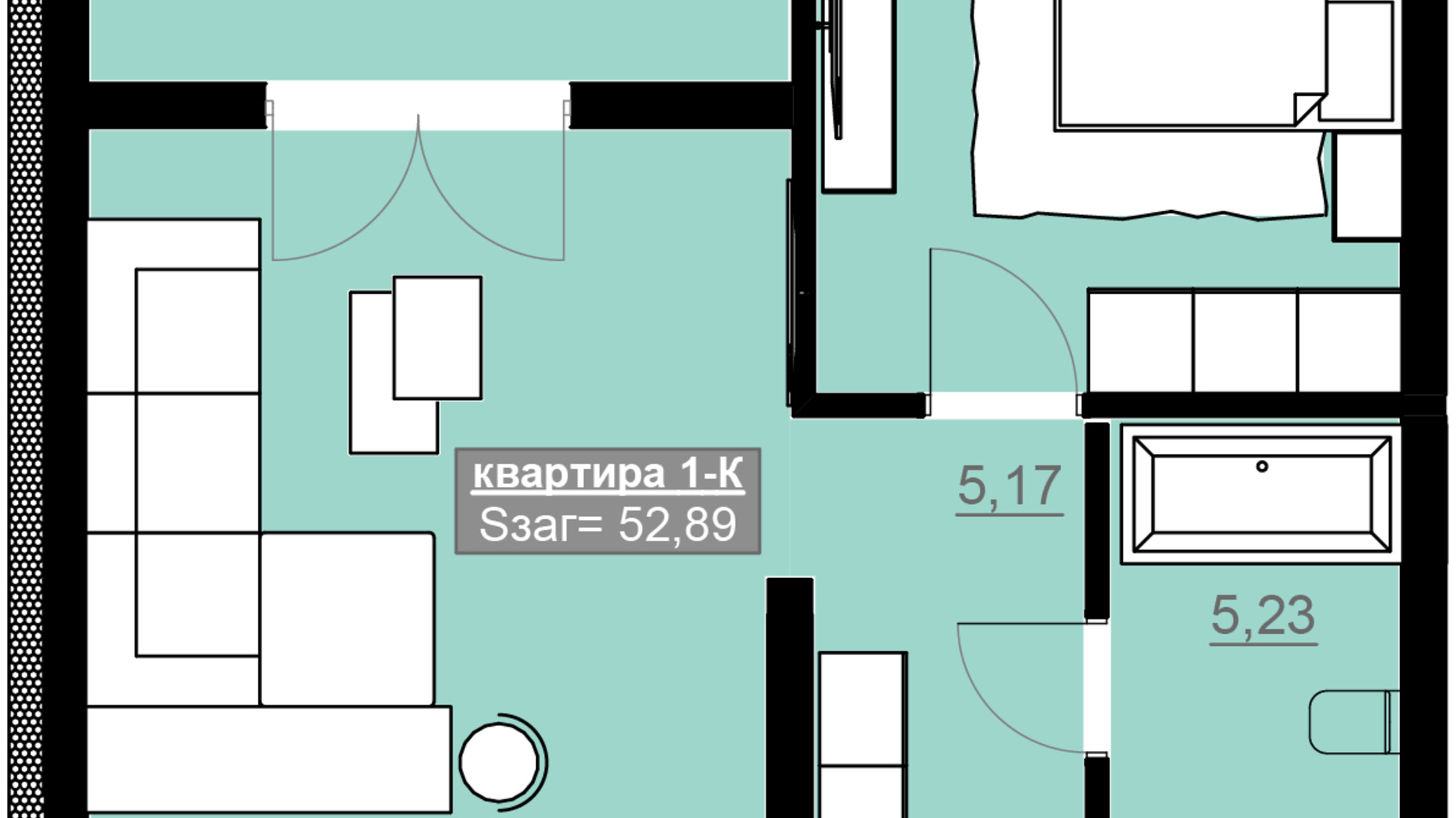Планировка 1-комнатной квартиры в ЖК Привокзальный 52.89 м², фото 630447