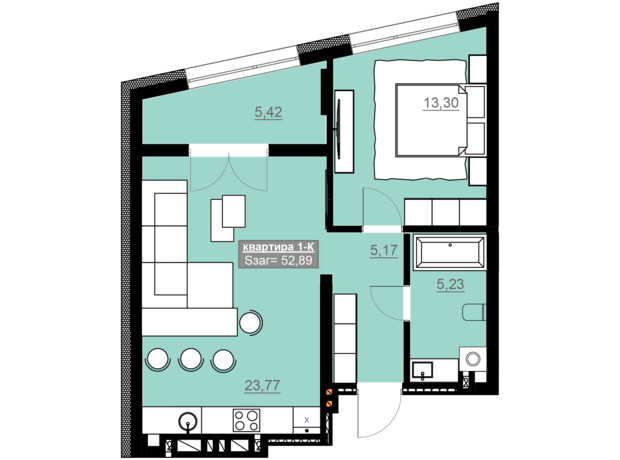 ЖК Привокзальный: планировка 1-комнатной квартиры 52.89 м²