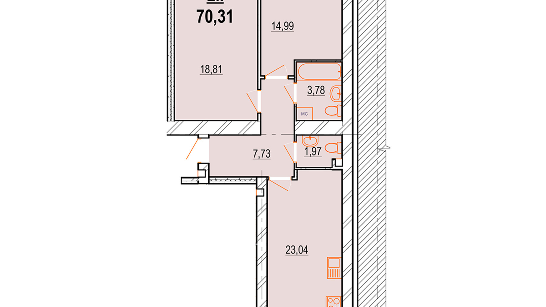 Планировка 2-комнатной квартиры в ЖК Жемчужина Подолья 70.31 м², фото 630457