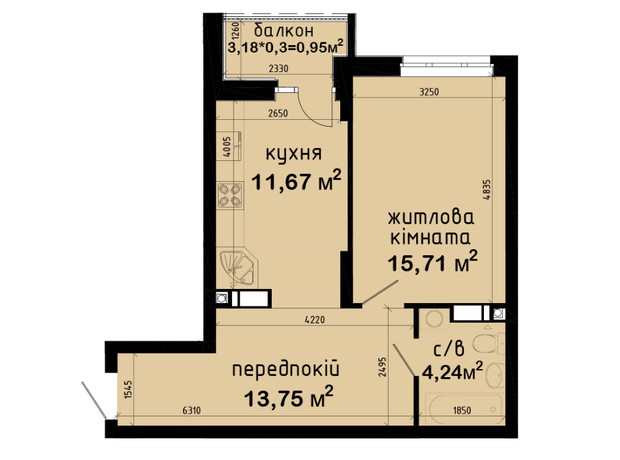 ЖК Авеню 42: планування 1-кімнатної квартири 46.32 м²