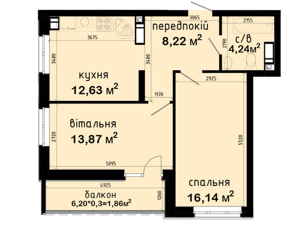 ЖК Авеню 42: планування 2-кімнатної квартири 56.96 м²