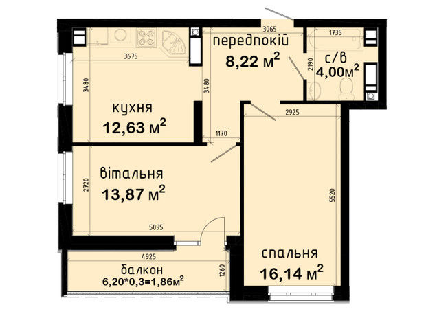 ЖК Авеню 42: планування 2-кімнатної квартири 56.72 м²