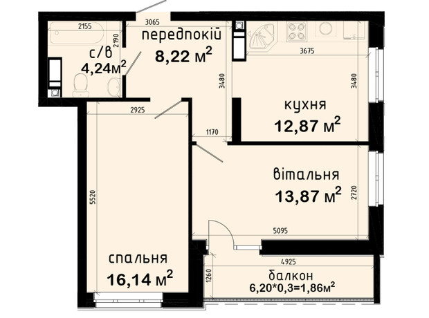 ЖК Авеню 42: планування 2-кімнатної квартири 57.2 м²