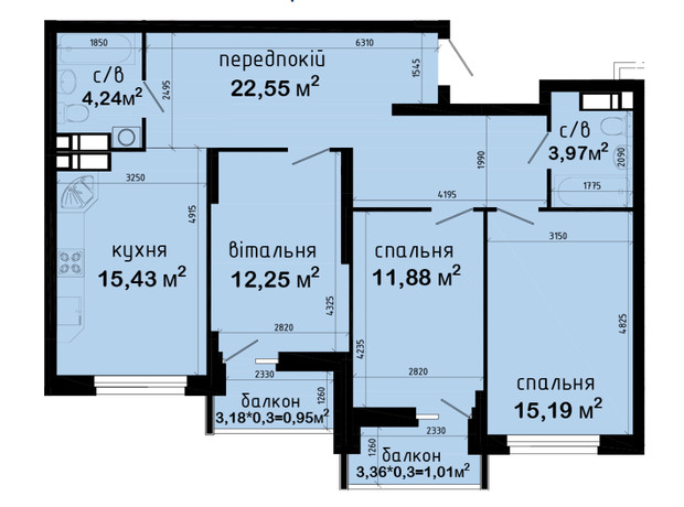 ЖК Авеню 42: планування 1-кімнатної квартири 87.47 м²