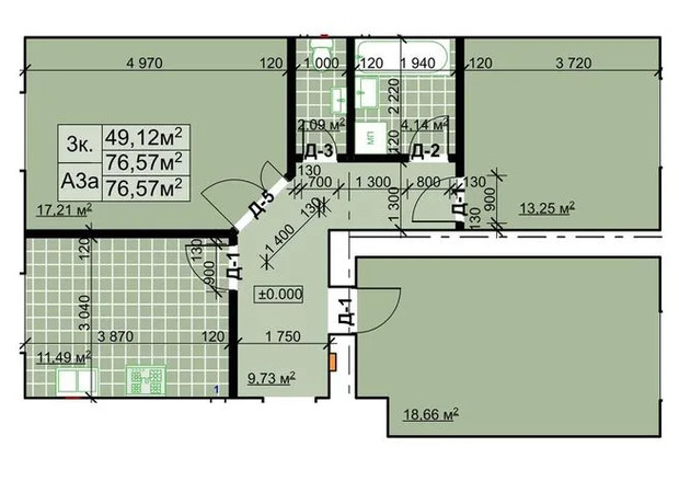 ЖК Столичний квартал: планування 3-кімнатної квартири 76.57 м²