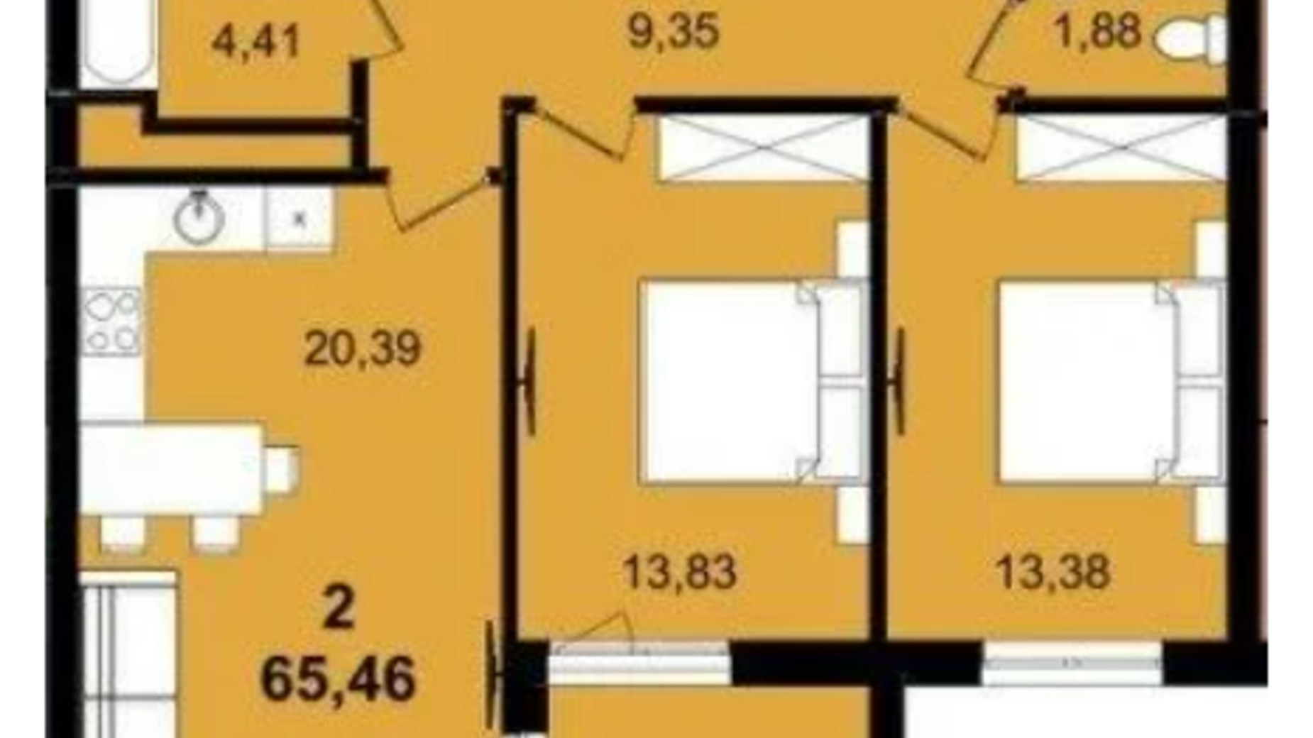 Планування 2-кімнатної квартири в ЖК Infinity Park 65.46 м², фото 630786