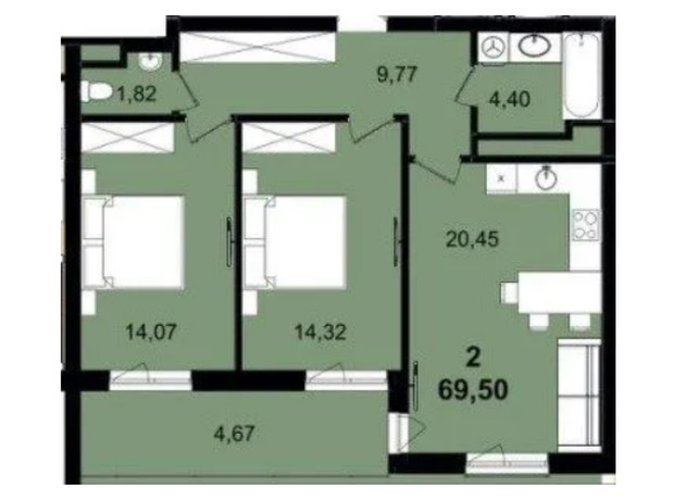 ЖК Infinity Park: планировка 2-комнатной квартиры 69.5 м²