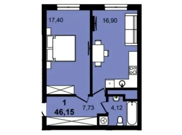 ЖК Infinity Park: планировка 1-комнатной квартиры 46.15 м²