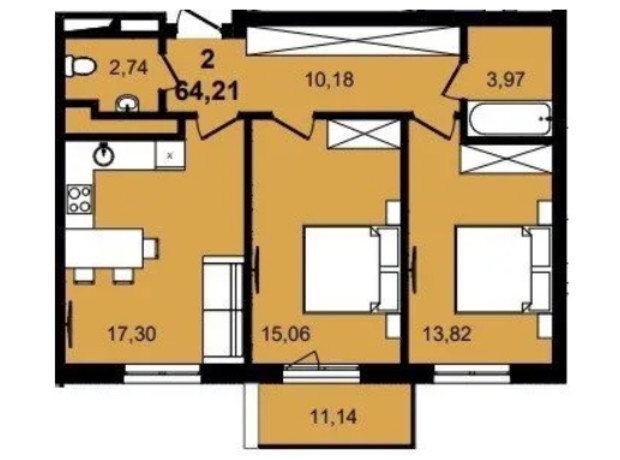 ЖК Infinity Park: планировка 2-комнатной квартиры 64.21 м²