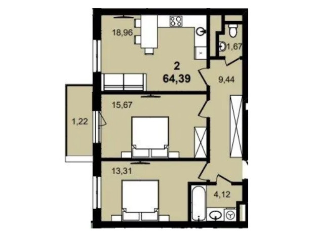 ЖК Infinity Park: планировка 2-комнатной квартиры 64.39 м²