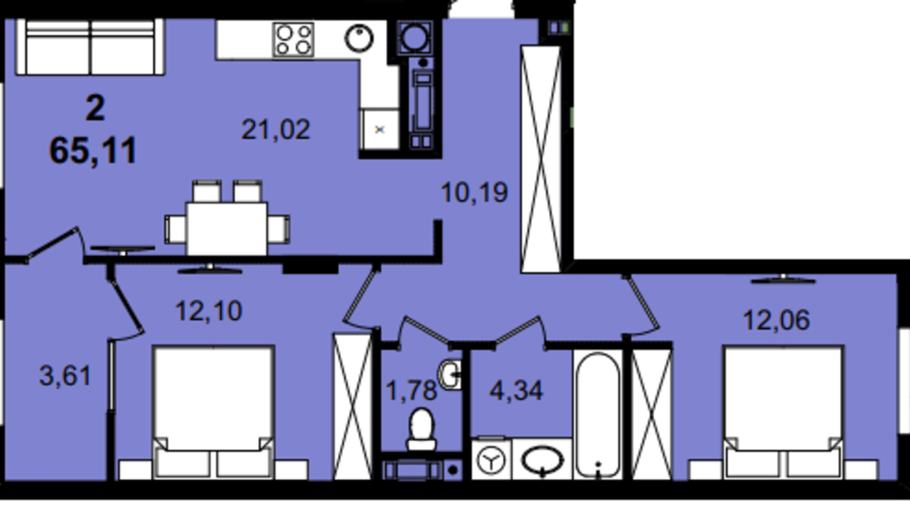 Планування 2-кімнатної квартири в ЖК Infinity Park 65.11 м², фото 630797