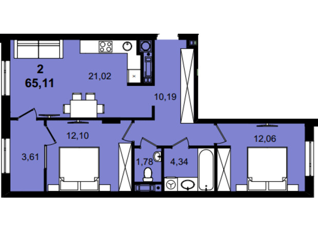 ЖК Infinity Park: планировка 2-комнатной квартиры 65.11 м²