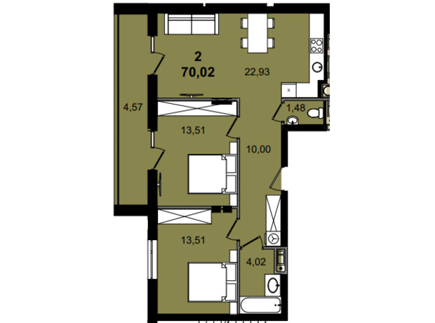 ЖК Infinity Park: планировка 2-комнатной квартиры 70.02 м²
