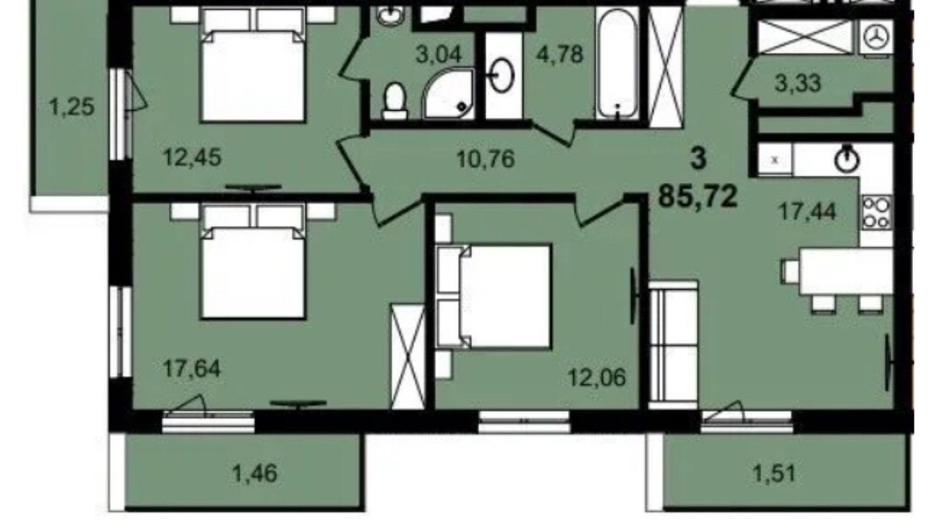 Планировка 3-комнатной квартиры в ЖК Infinity Park 85.72 м², фото 630800