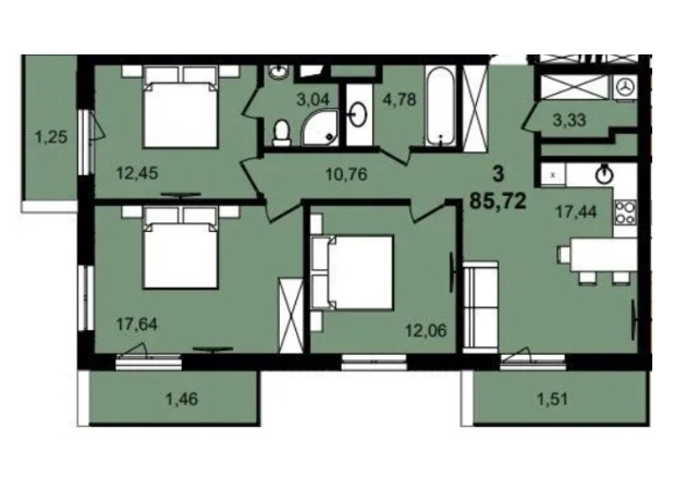 ЖК Infinity Park: планировка 3-комнатной квартиры 85.72 м²