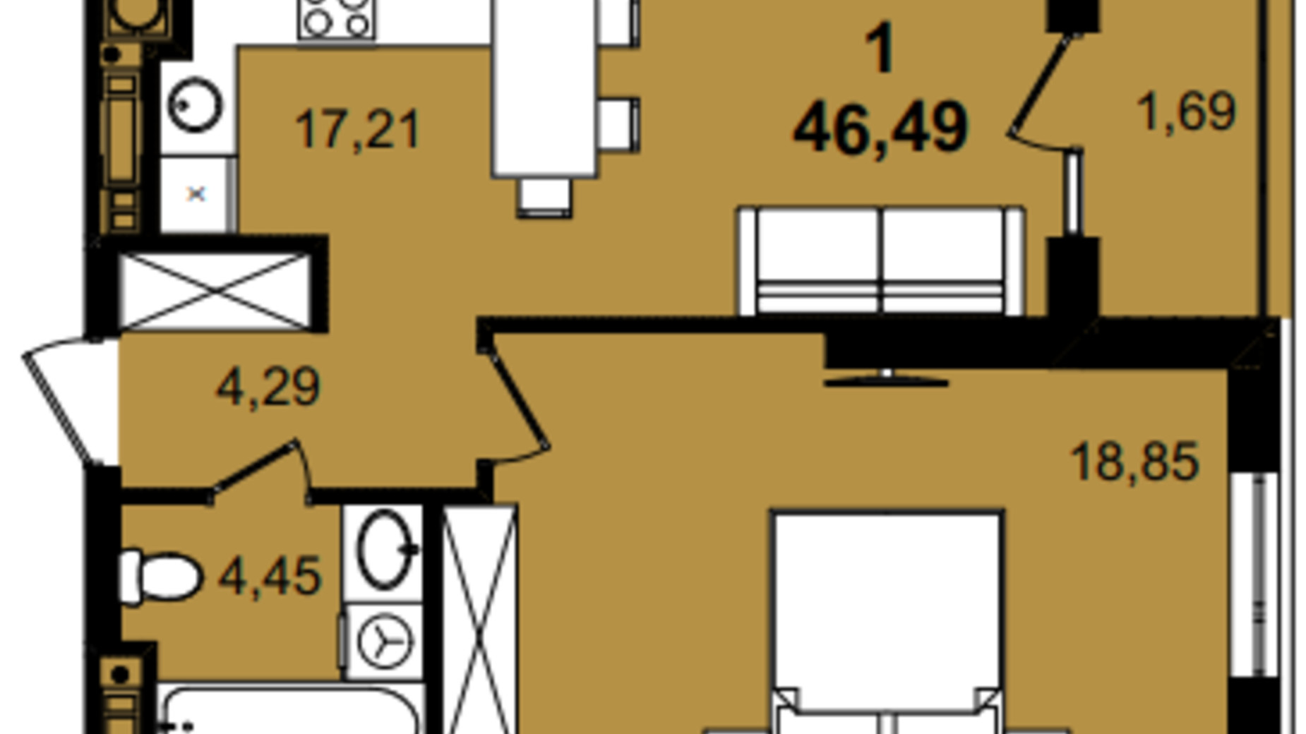 Планировка 1-комнатной квартиры в ЖК Infinity Park 46.49 м², фото 630801