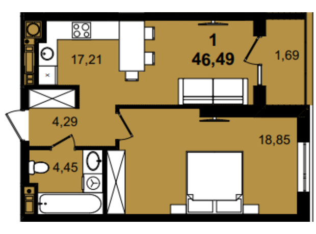 ЖК Infinity Park: планировка 1-комнатной квартиры 46.49 м²