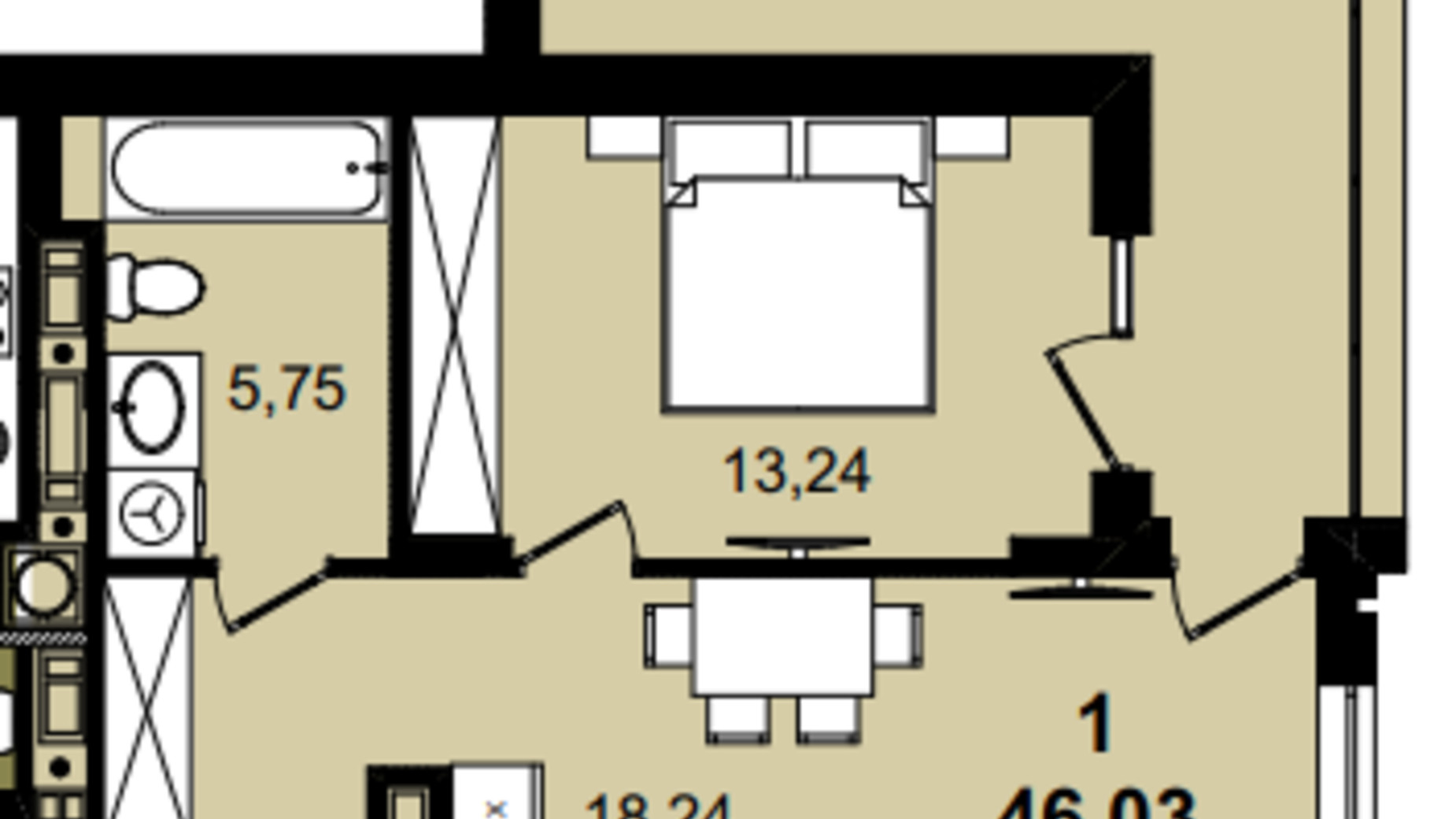 Планування 1-кімнатної квартири в ЖК Infinity Park 46.03 м², фото 630802