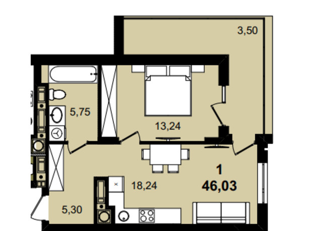 ЖК Infinity Park: планировка 1-комнатной квартиры 46.03 м²