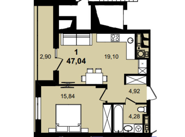 ЖК Infinity Park: планировка 1-комнатной квартиры 47.04 м²