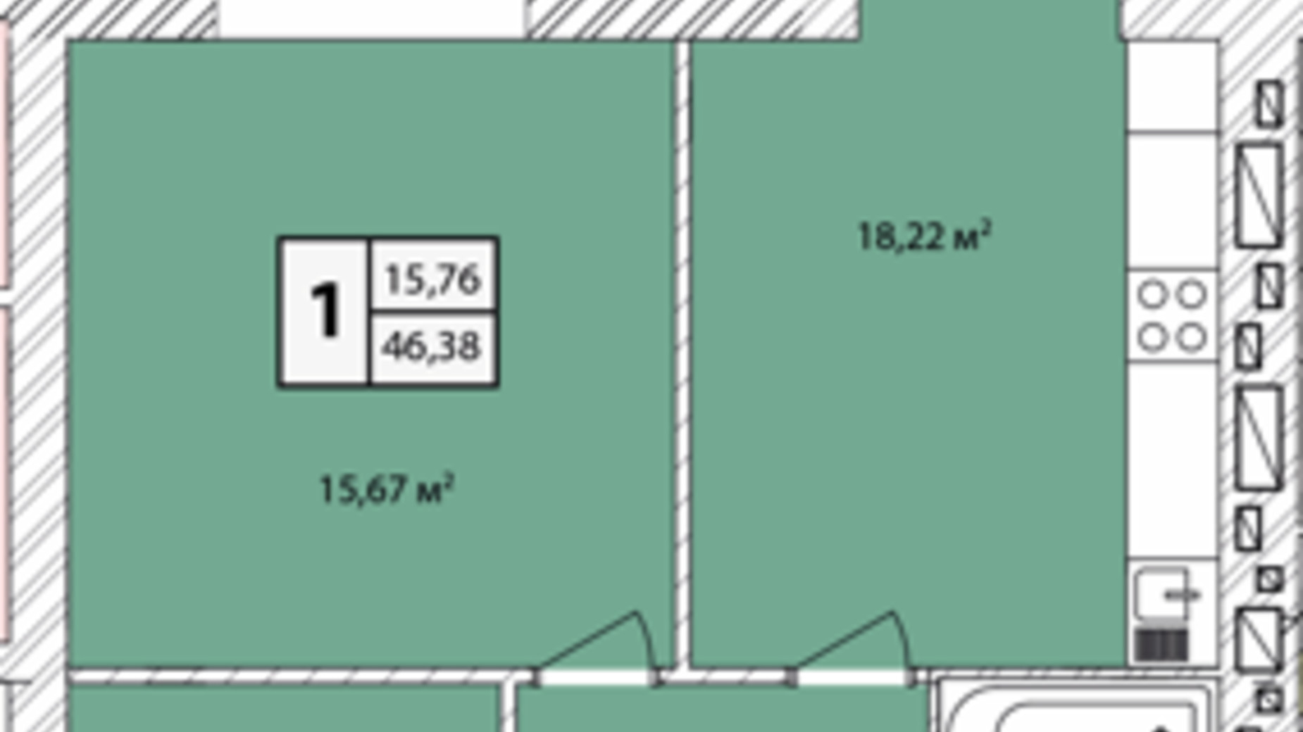 Планування 1-кімнатної квартири в ЖК Прага Gold 46.38 м², фото 631209