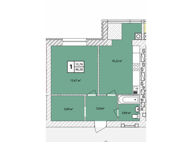 ЖК Прага Gold: планування 1-кімнатної квартири 46.38 м²