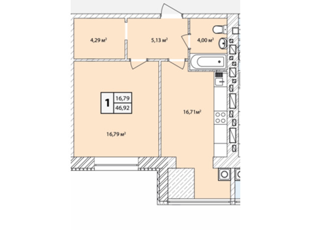 ЖК Прага Gold: планировка 1-комнатной квартиры 46.92 м²