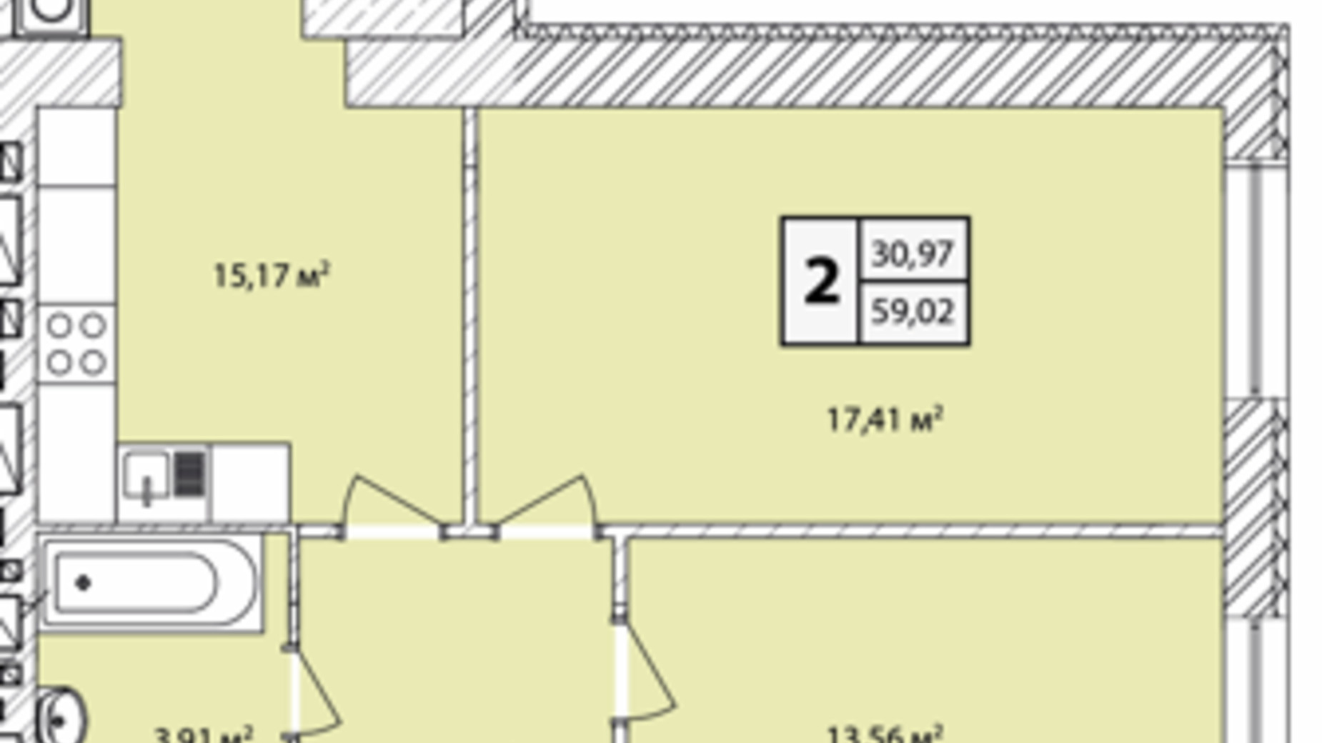 Планировка 2-комнатной квартиры в ЖК Прага Gold 59.02 м², фото 631213