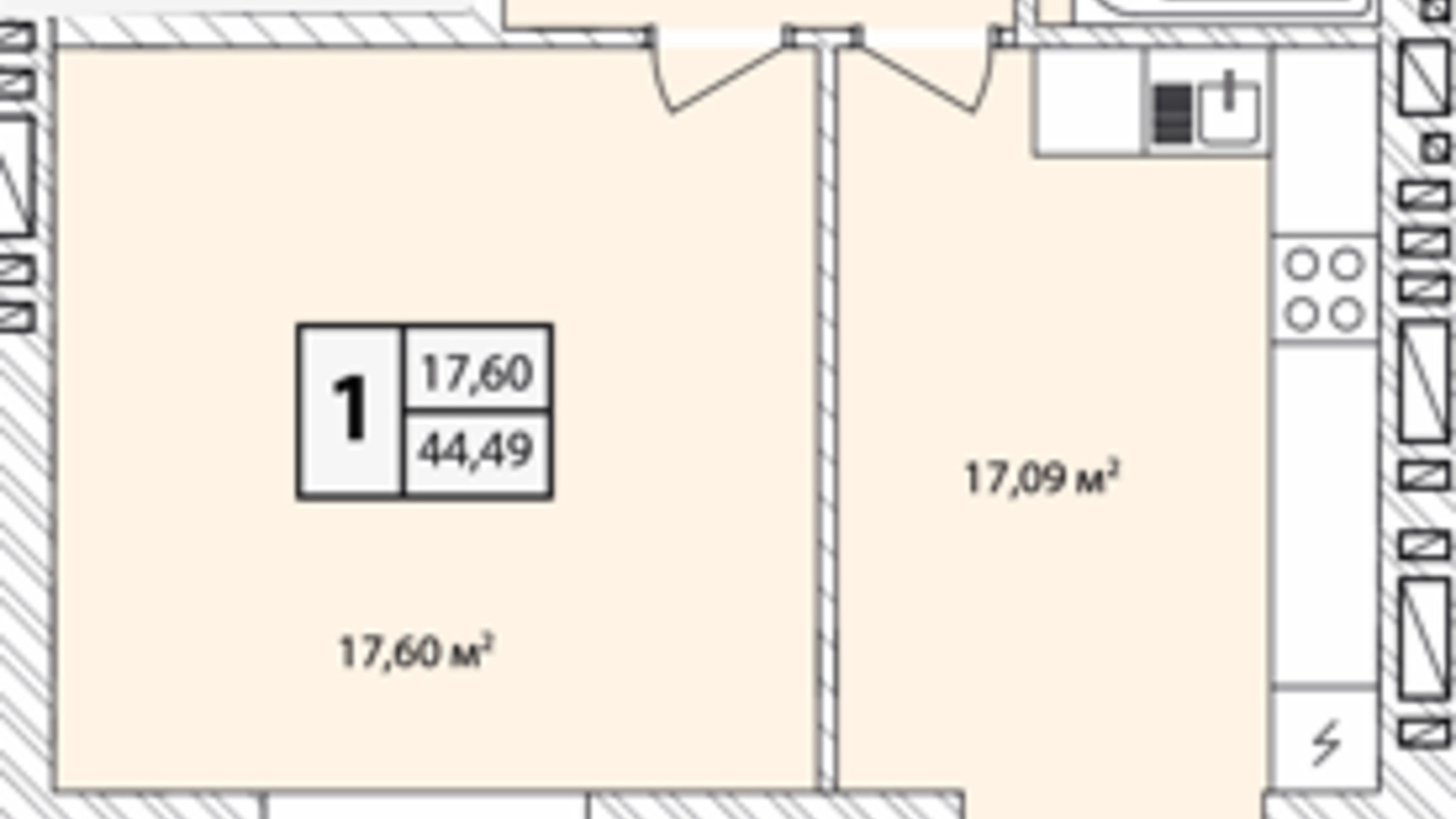 Планировка 1-комнатной квартиры в ЖК Прага Gold 44.49 м², фото 631217