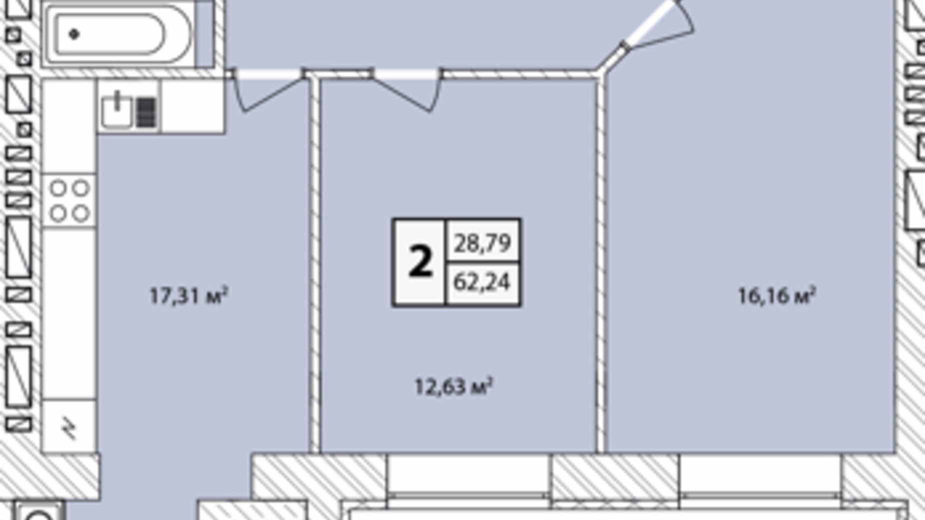 Планировка 2-комнатной квартиры в ЖК Прага Gold 62.24 м², фото 631219