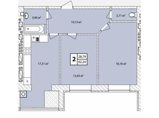 ЖК Прага Gold: планировка 2-комнатной квартиры 62.24 м²