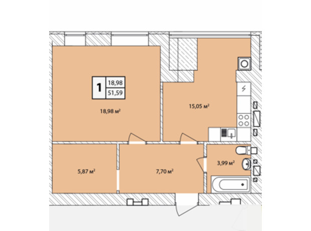 ЖК Прага Gold: планування 1-кімнатної квартири 51.59 м²