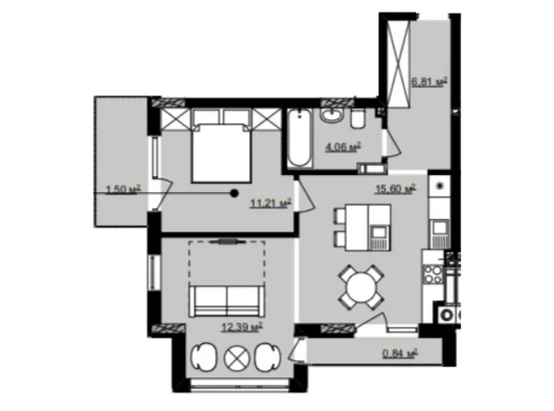 ЖК В4: планировка 1-комнатной квартиры 52.4 м²