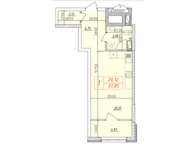 ЖК Olympiс Park: планування 1-кімнатної квартири 37.85 м²