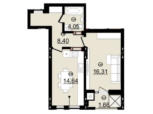 ЖК Зоряний: планування 1-кімнатної квартири 45.1 м²