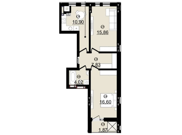 ЖК Зоряний: планування 2-кімнатної квартири 57.14 м²