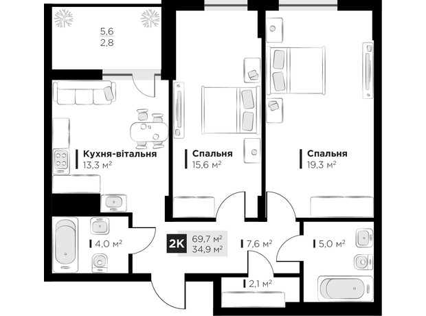 ЖК Feel House: планировка 2-комнатной квартиры 69.7 м²