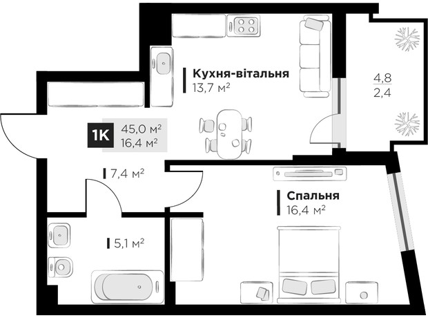 ЖК Feel House: планування 1-кімнатної квартири 45 м²