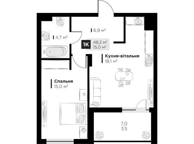 ЖК Feel House: планировка 1-комнатной квартиры 48.2 м²