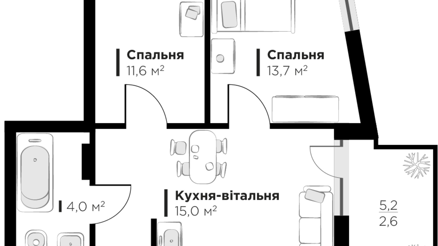 Планировка 2-комнатной квартиры в ЖК Feel House 52.5 м², фото 631638