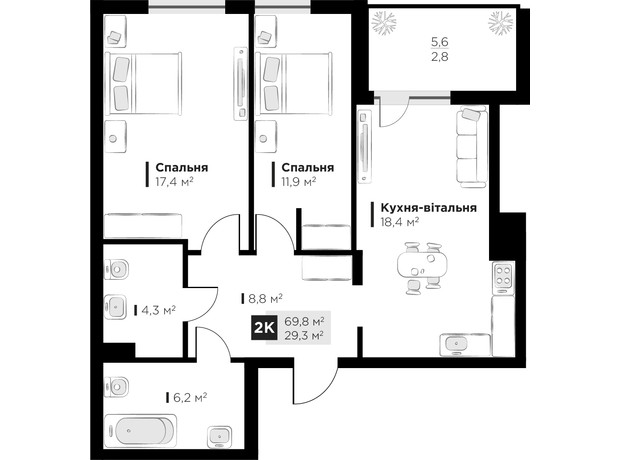 ЖК Feel House: планировка 2-комнатной квартиры 69.8 м²