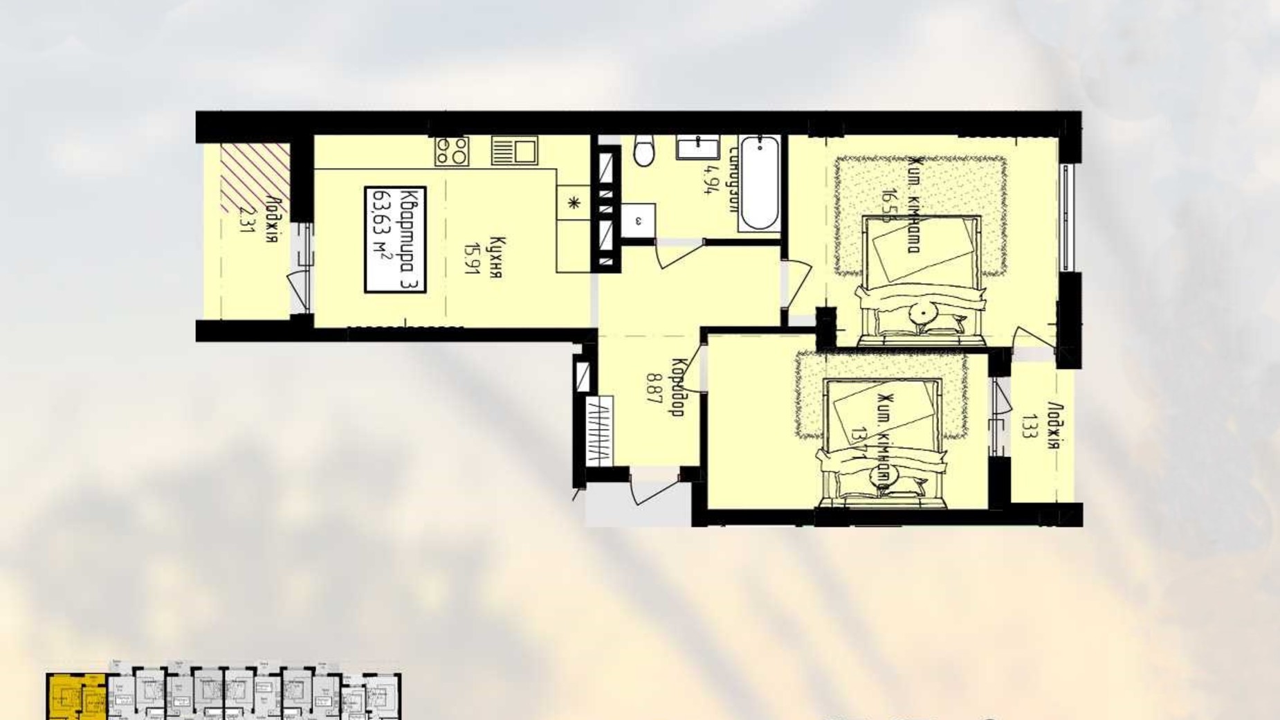 Планування 2-кімнатної квартири в ЖК Радіщева 63.63 м², фото 631694