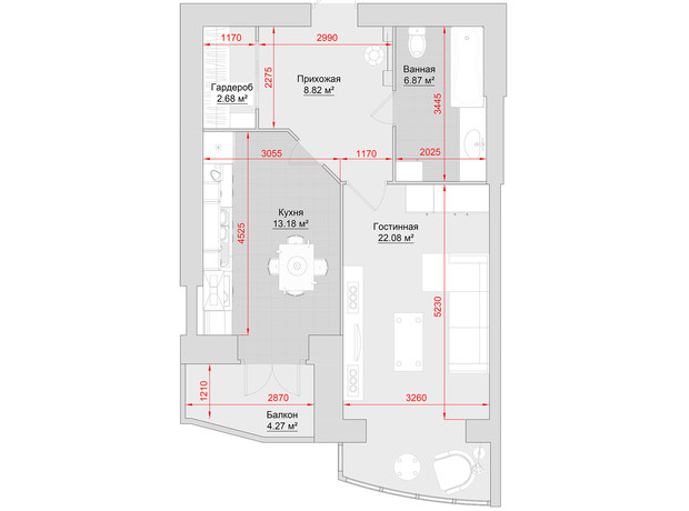 ЖК по ул. Троицкая, 74: планировка 1-комнатной квартиры 58 м²